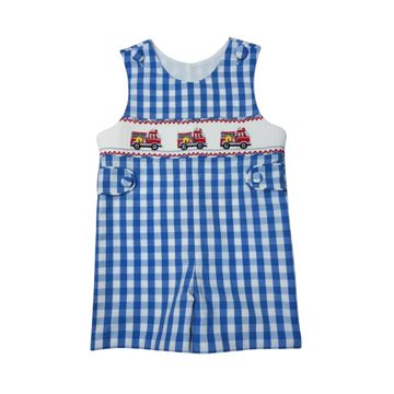 BOYS BLUE CHECK SMOCKED FIRE TRUCK SHORT JON JON