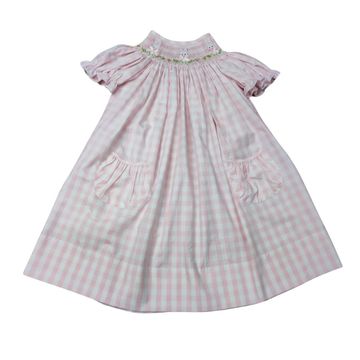 GIRLS PINK CHECK SS BISHOP DRESS W/ SMOCKED BUNNY