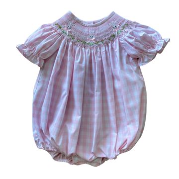 GIRLS PINK CHECK SS BISHOP BUBBLE W/ SMOCKED BUNNY