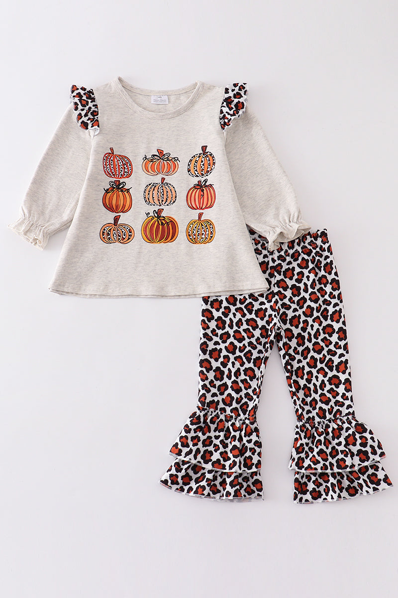 Leopard pumpkin print ruffle girl set