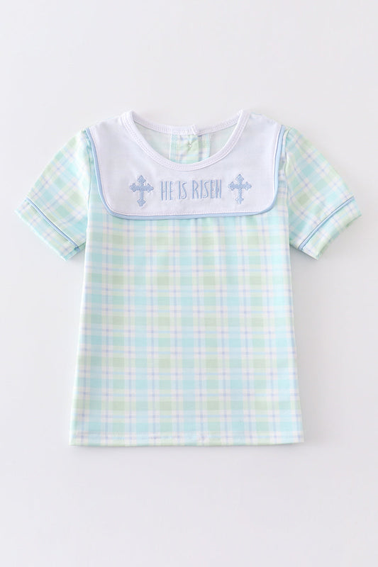 Blue easter plaid he is risen embroidery boy top