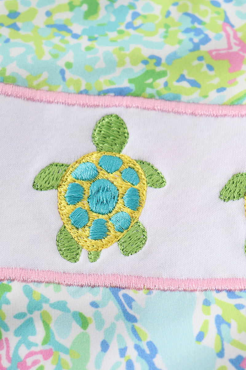 Lily print turtle embroidery girl long-sleeved swimsuit