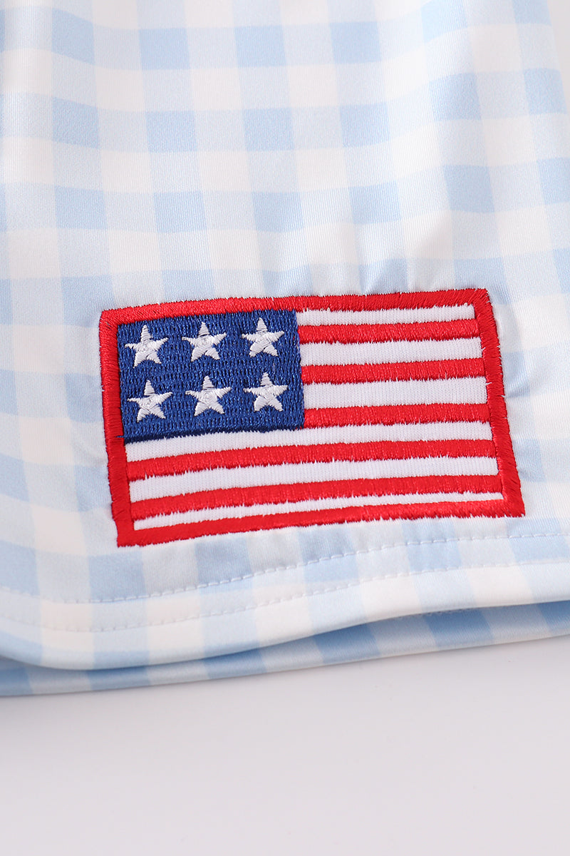Patriotic plaid flag embroidery boy swim trunks