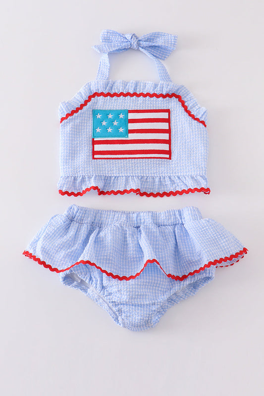 Seersucker patriotic flag applique 2pc girl swimsuit