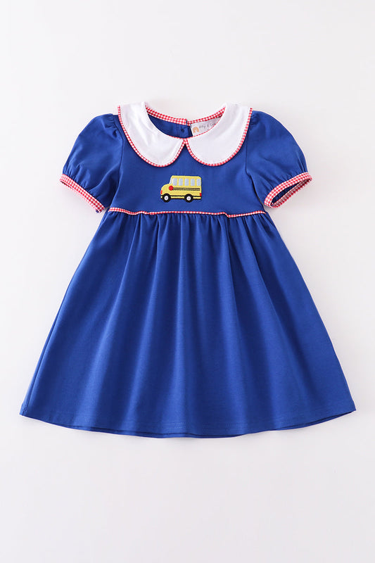 Blue bus embroidery back to school dress