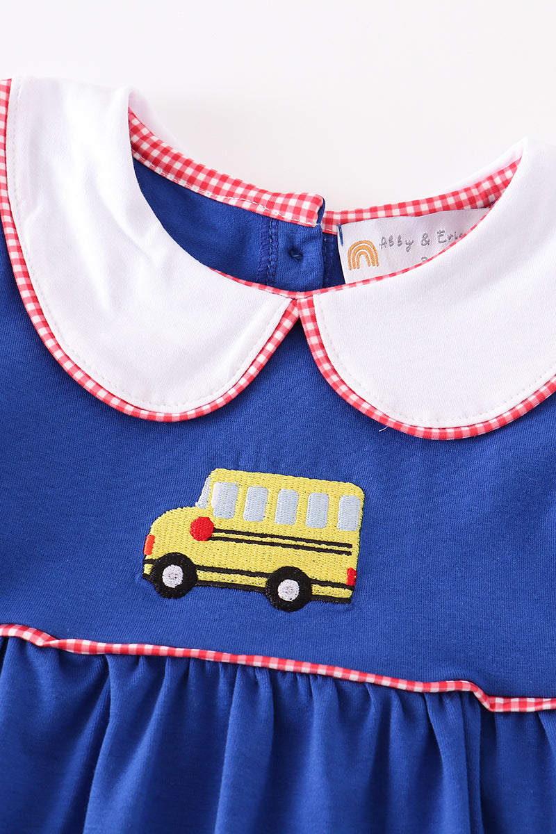 Blue bus embroidery back to school dress