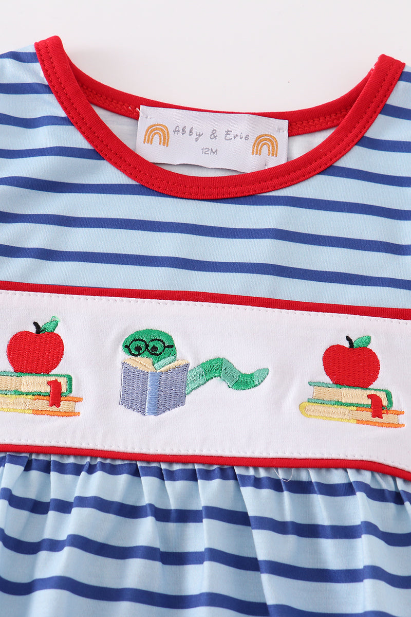 Blue stripe back to school embroidery girl bubble