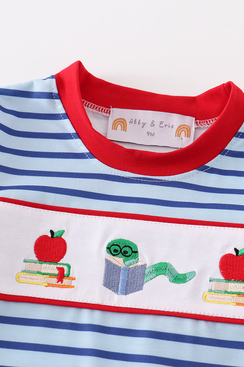 Blue stripe back to school embroidery boy bubble
