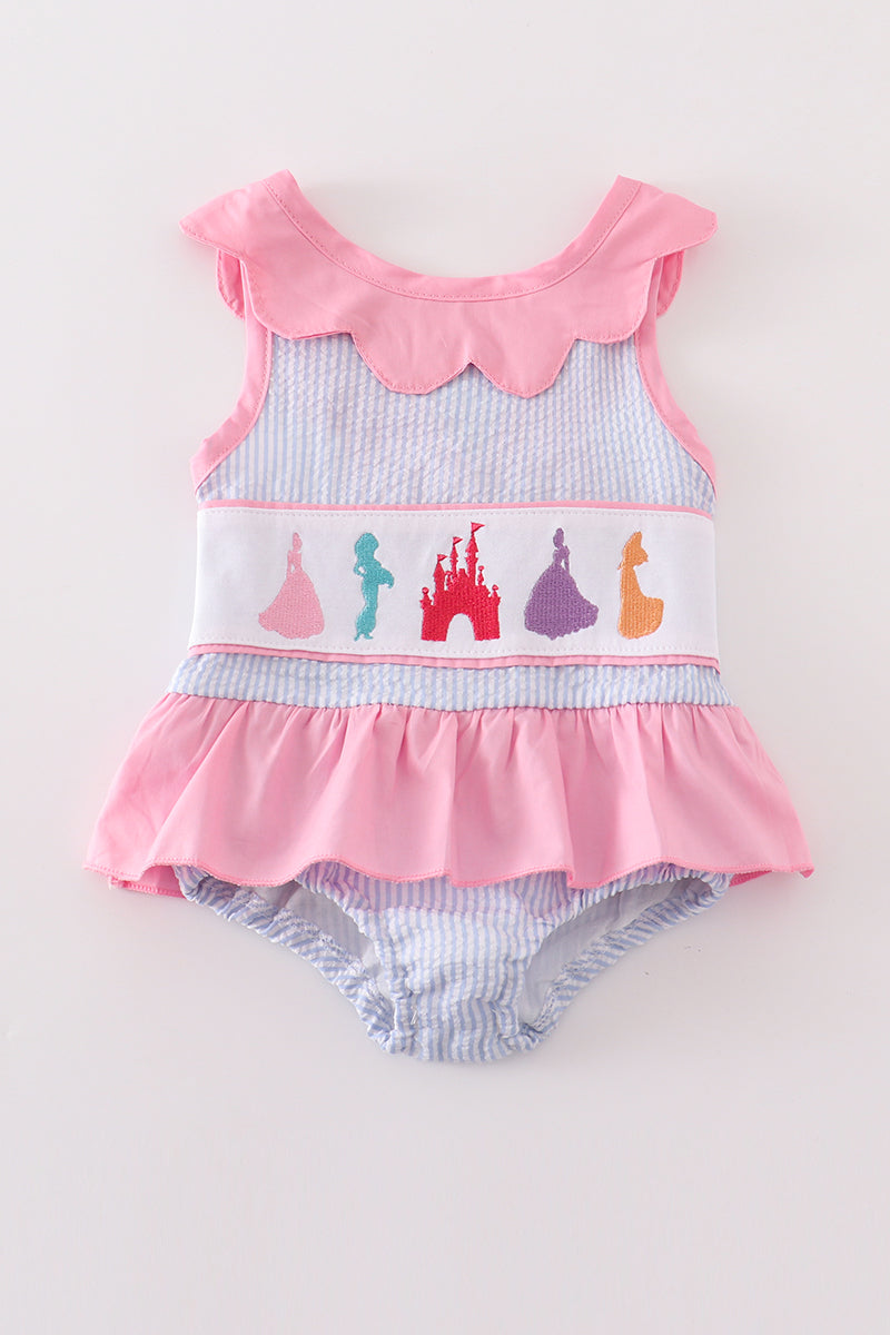 Seersucker castle embroidery girl swimsuit