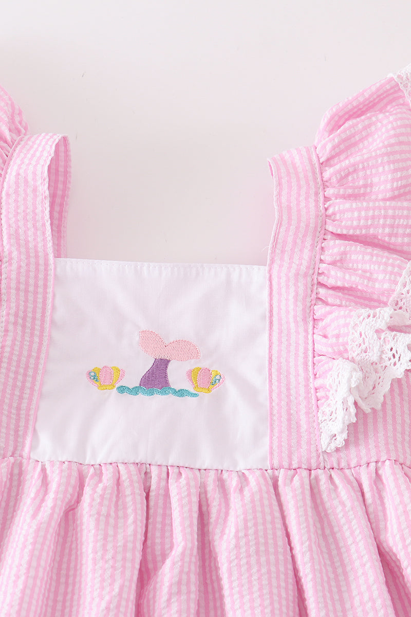 Pink seersucker mermaid embroidery ruffle dress