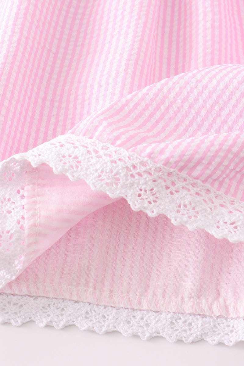 Pink seersucker mermaid embroidery ruffle dress