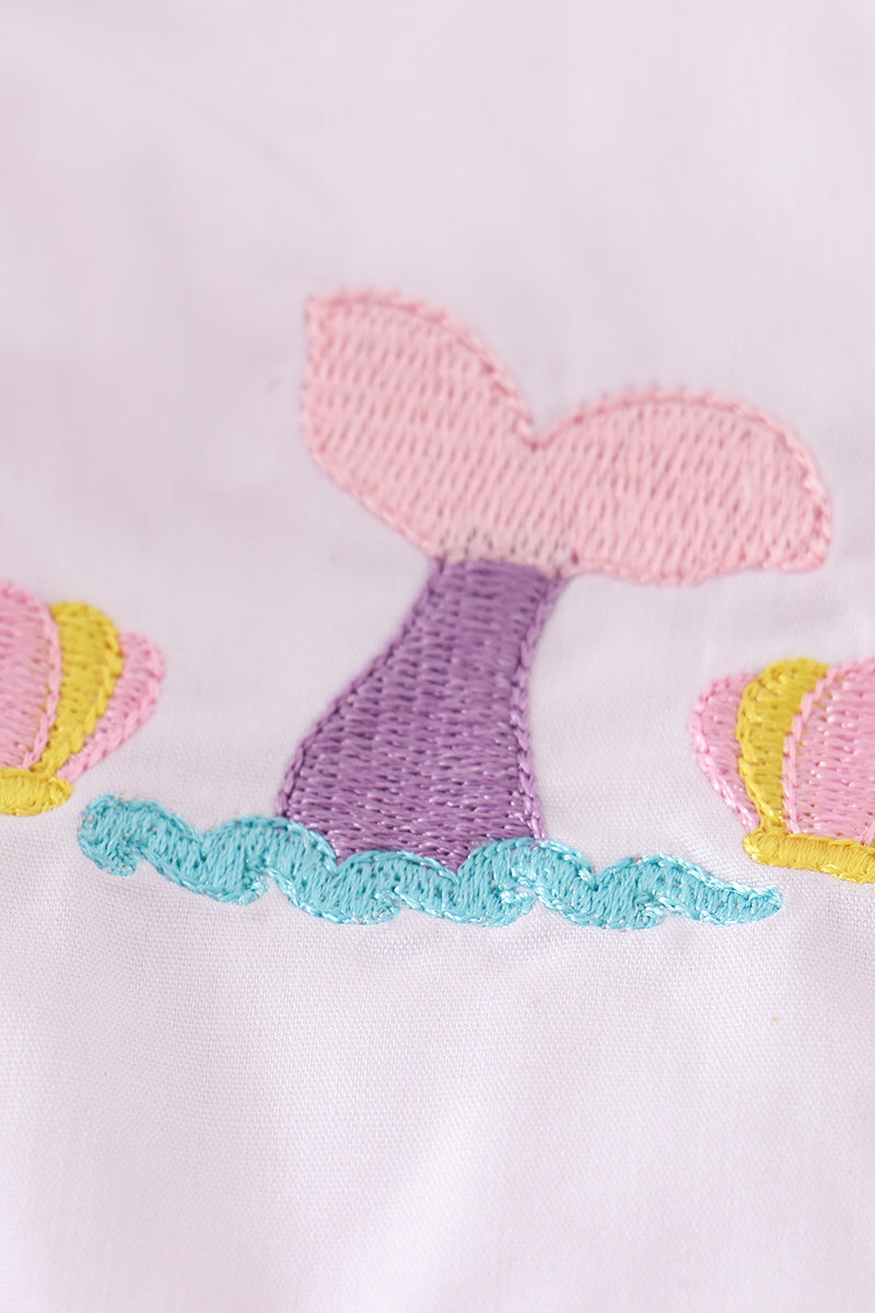 Pink seersucker mermaid embroidery ruffle bubble