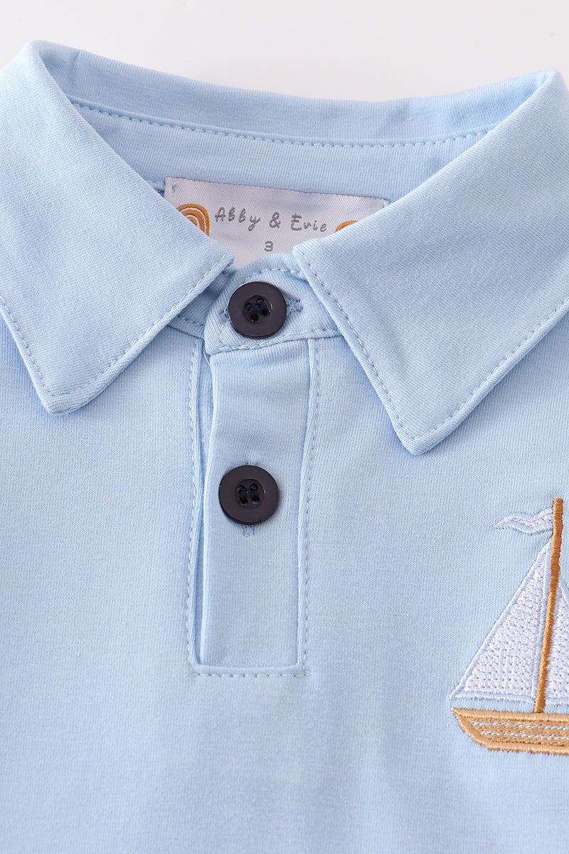 Blue sailboat embroidery boy shirt