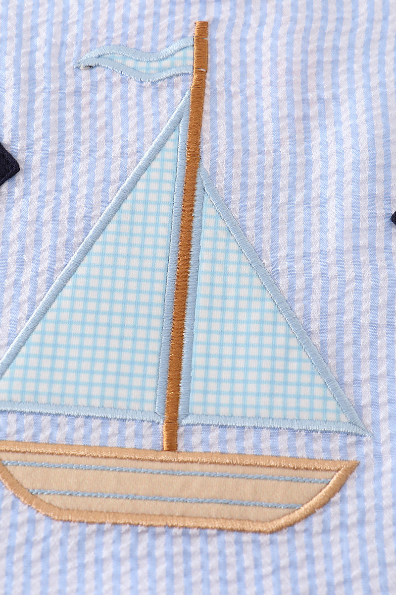 Blue seersucker sailboat embroidery boy jonjon