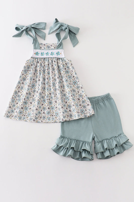 Blue floral embroidery ruffle set