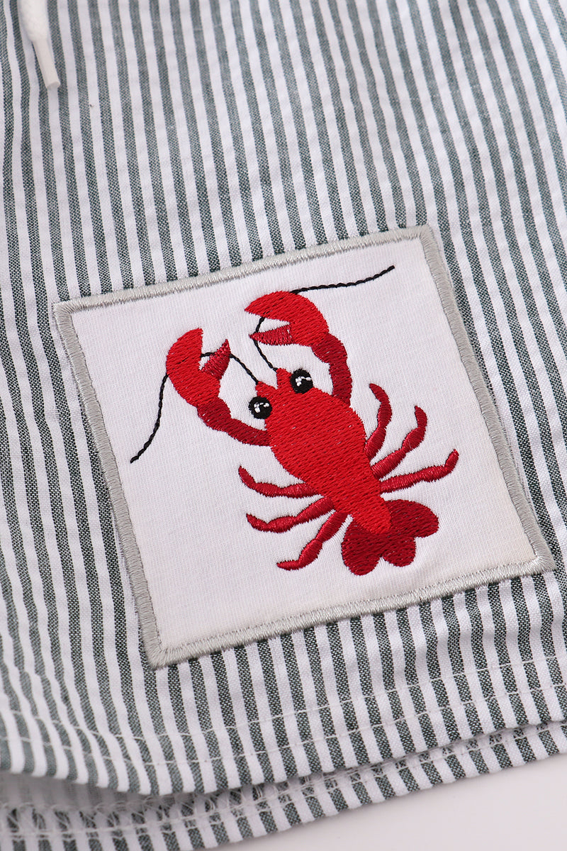 Green seersucker lobster embroidery boy swim trunks