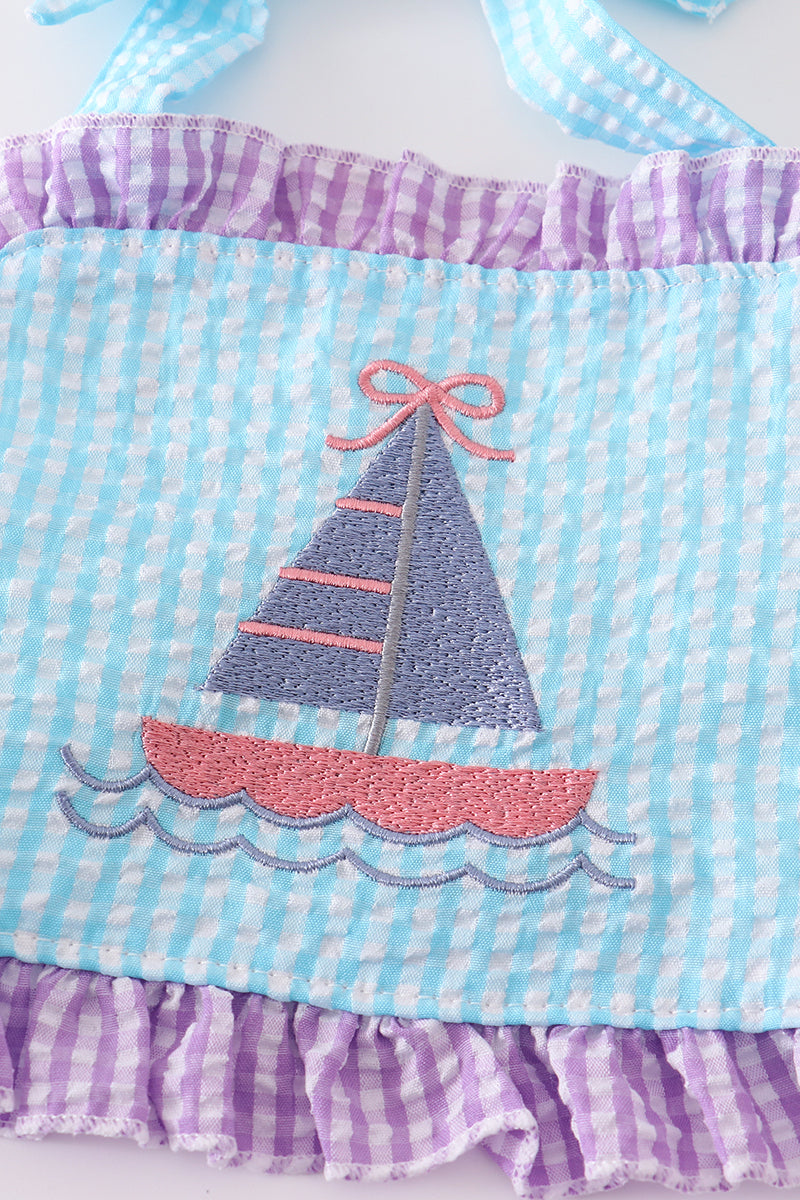 Green seersucker sailboat embroidery 2pc girl swimsuit