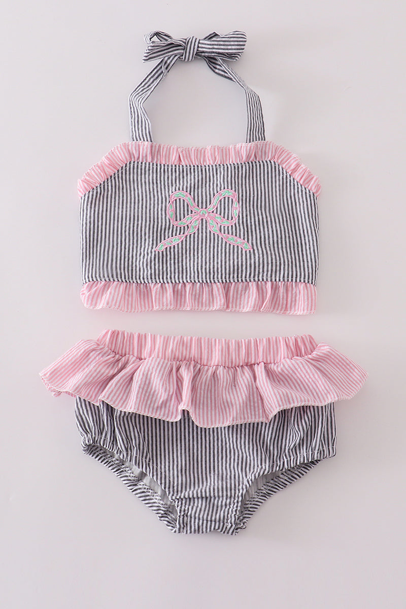 Pink seersucker bow embroidery 2pc swimsuit