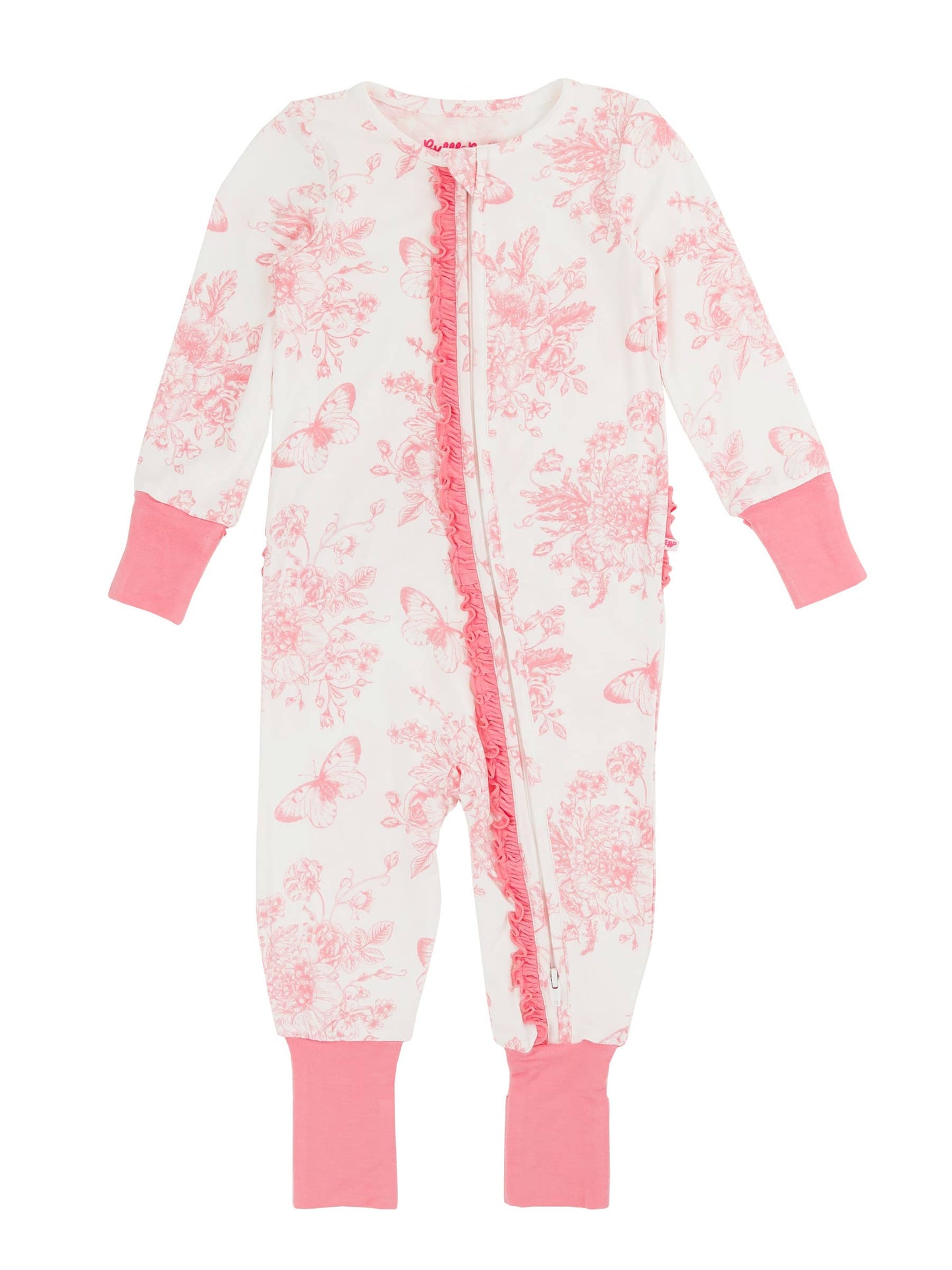 Baby Girls Pink Butterfly Garden Toile Bamboo Viscose Convertible Ruffle One Piece Pajama