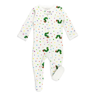 Baby onesie with colorful polka dots and caterpillar designs on a white background