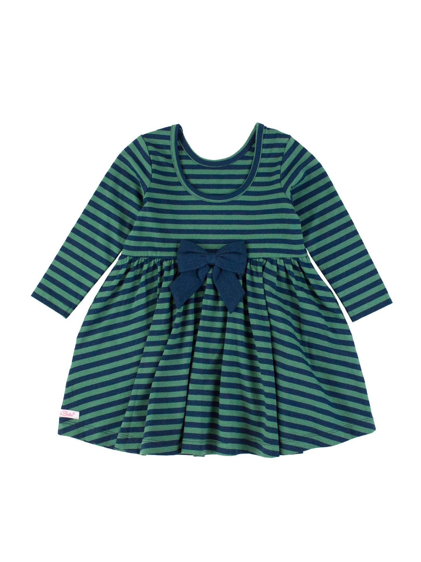 Girls Fir Green & Navy Stripe Knit Long Sleeve Twirl Dress