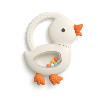 Toy duck with colorful beads inside on a white background