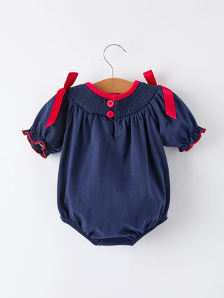 Christmas Holiday Celebration Baby Girls Romper: Navy with Santa Sleigh
