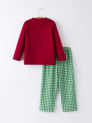 Christmas Tree Dog Smocking Embroidered  Plaid Boys Set