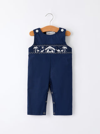 Christmas Navy Blue Nativity Smocking Embroidered Baby Boy Romper