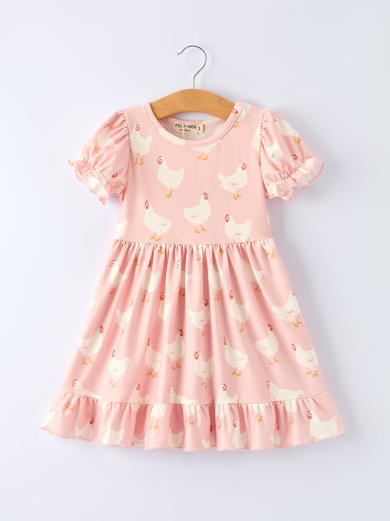 Farm Spring Chicken Print Girls Ruffle Dress