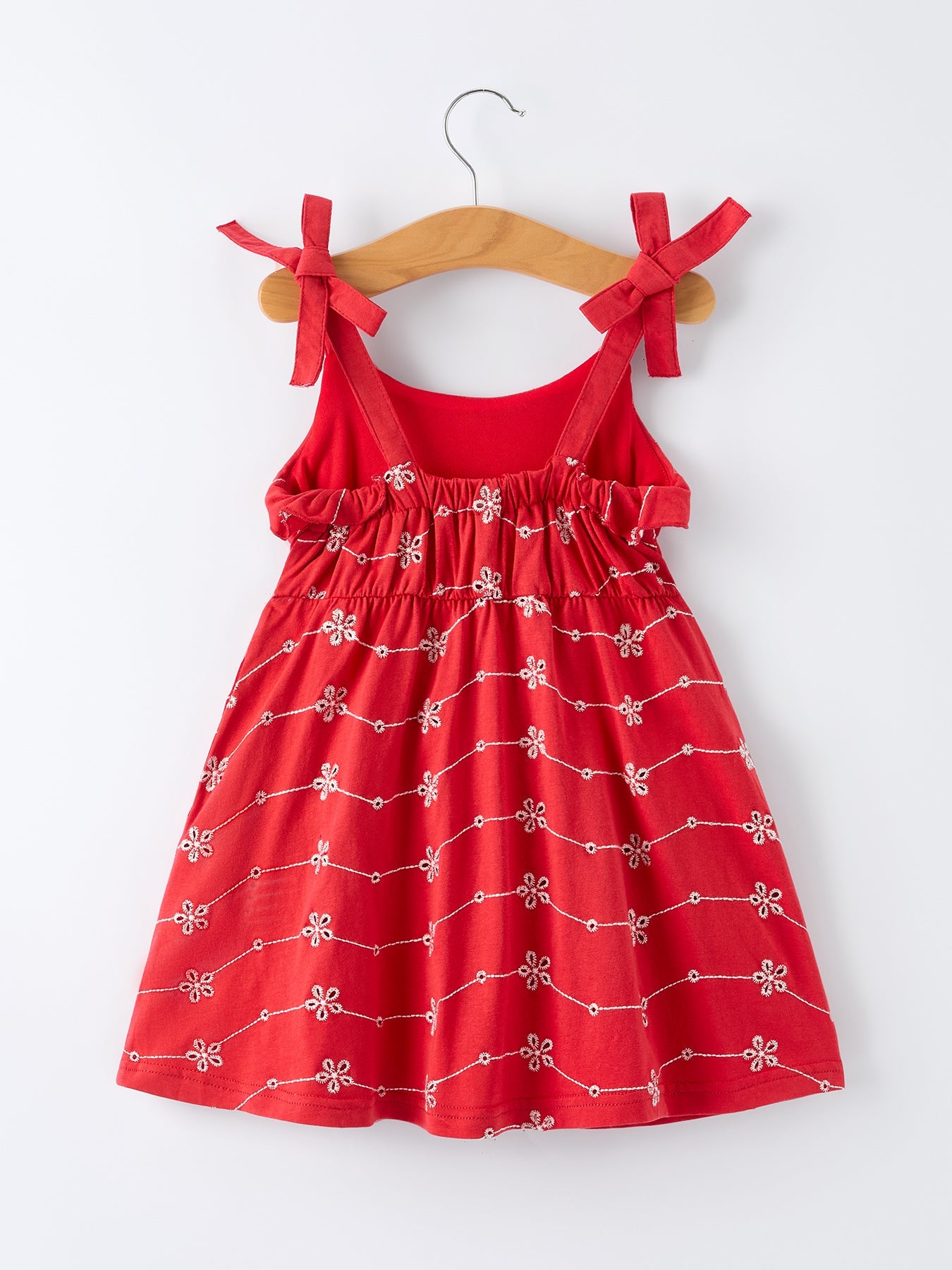 Red Color Girl Bow Strap Ruffle Dress