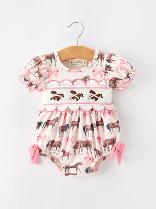 Western Horse Smocked Girls Romper Bow Ruffle Short Sleeve