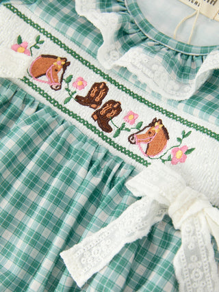 Western Plaid Horse Embroidered Girl Bubble Romper