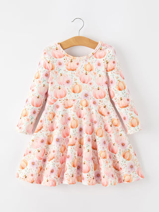 Fall Pink Pumpkin Girls Long Sleeve Twirl Dress