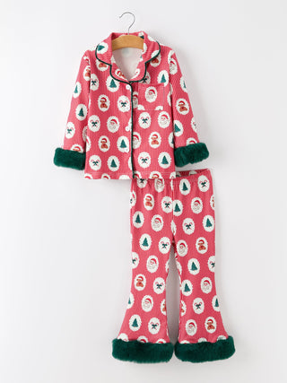 Mommy and Me Christmas Santa Print Pajama Set with Fur Trim