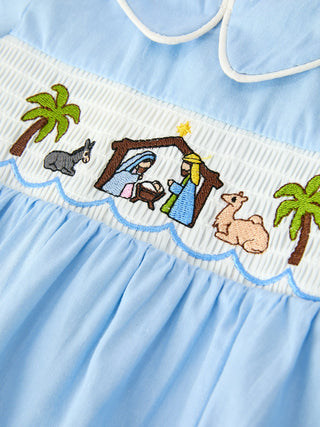 Christmas Nativity Embroidered Baby Boy Blue Smocked Romper