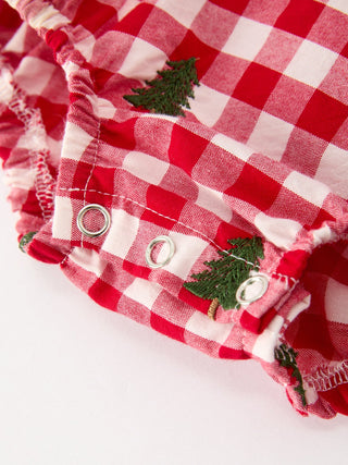 Christmas Tree Embroidered Red Plaid Baby Girls Ruffle Collar Romper