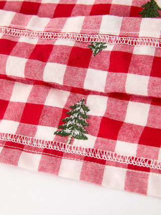 Christmas Tree Embroidered Plaid Girls Ruffle Collar Dress