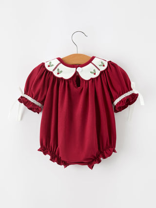 Christmas Holly Embroidered Baby Romper Petals Collar Ruffle