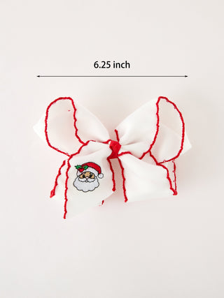 Girls' Christmas Santa Embroidered 6.25" Hair Bow – White/Pink