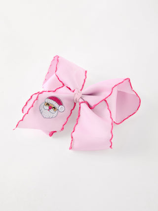 Girls' Christmas Santa Embroidered 6.25" Hair Bow – White/Pink