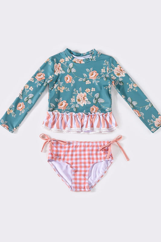 Teal floral ruffle 2pc girl swimsuit