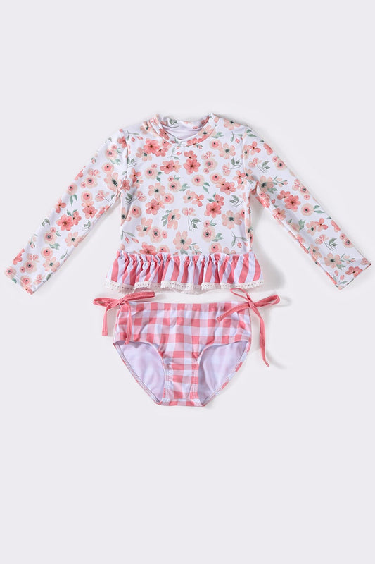 Pink floral ruffle 2pc girl swimsuit