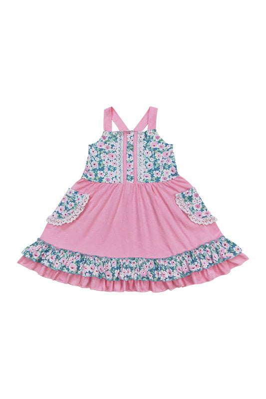 Pink floral strap ruffle dress