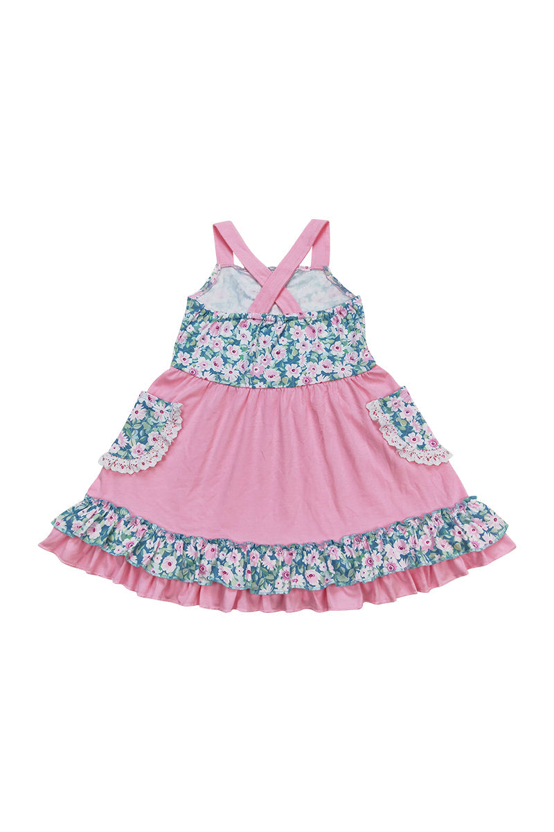 Pink floral strap ruffle dress