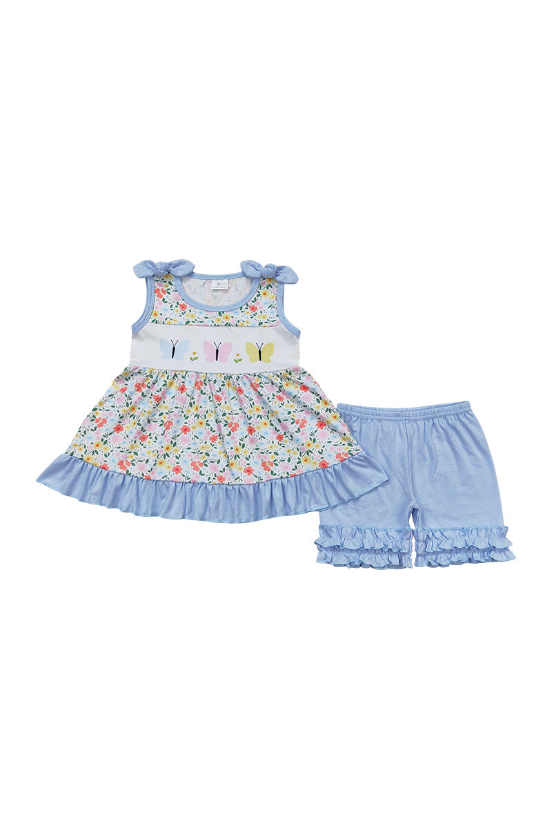 Floral butterfly print girl ruffle shorts set