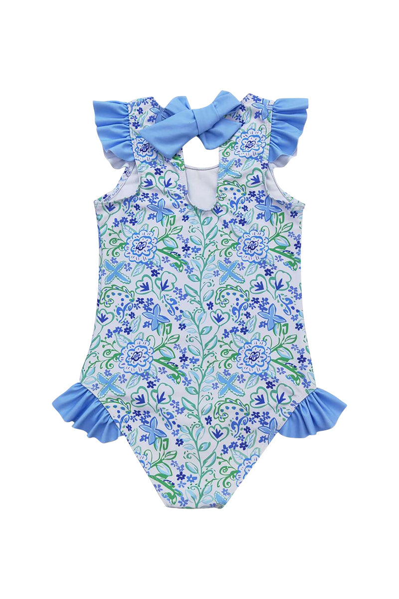 Blue floral print ruffle one-piece girl swimsuit