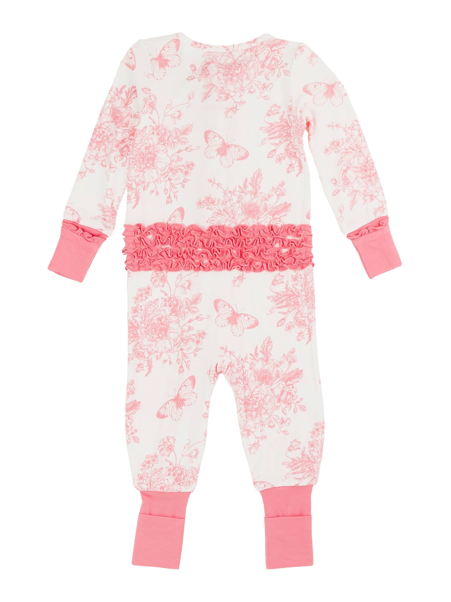 Baby Girls Pink Butterfly Garden Toile Bamboo Viscose Convertible Ruffle One Piece Pajama