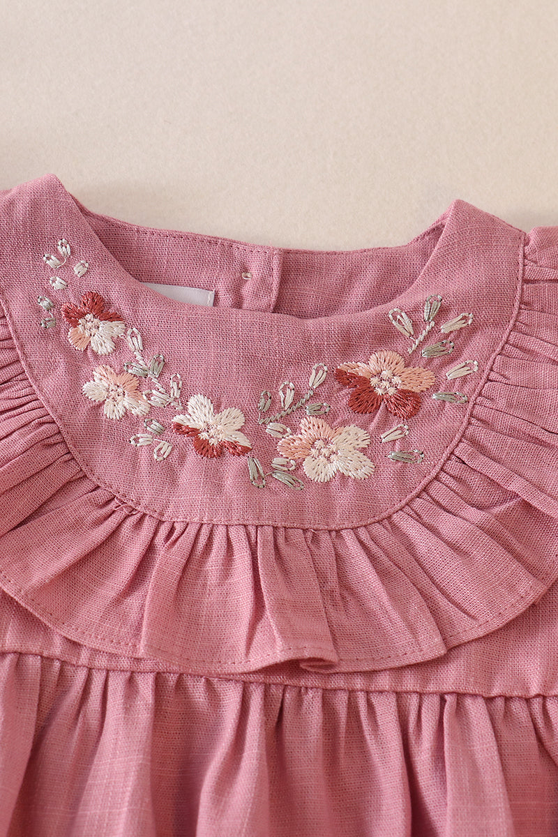 Pink floral embroidery ruffle linen girl bubble
