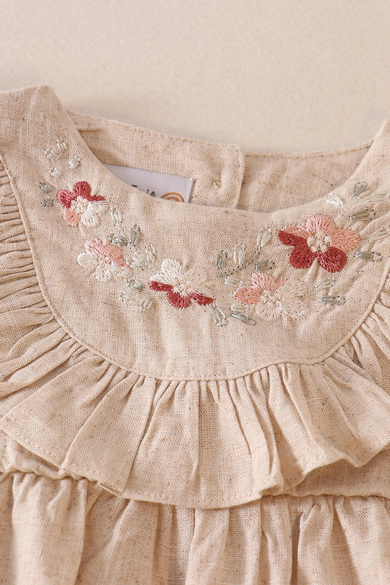 Beige floral embroidery ruffle linen girl bubble